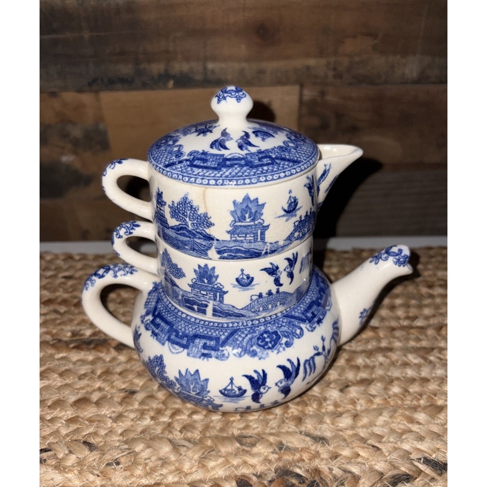 Rare Vintage Blue Willow Stackable Teapot Creamer & Sugar w/ Lid Unmarked
